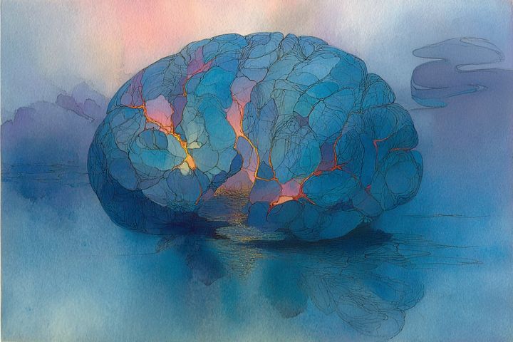 abstract watercolor illustration of a fractured brain with a glowing center