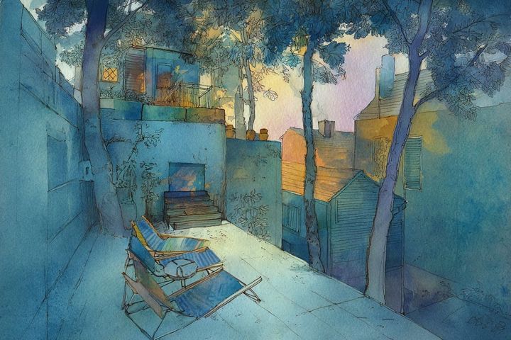 abstract watercolor illustration of a suburban backyard with trees and deck chairs.