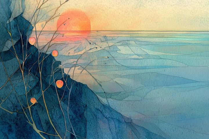 watercolor illustration of a coastal sunset with blue waves, an orange sun, and branches with small orange fruits.