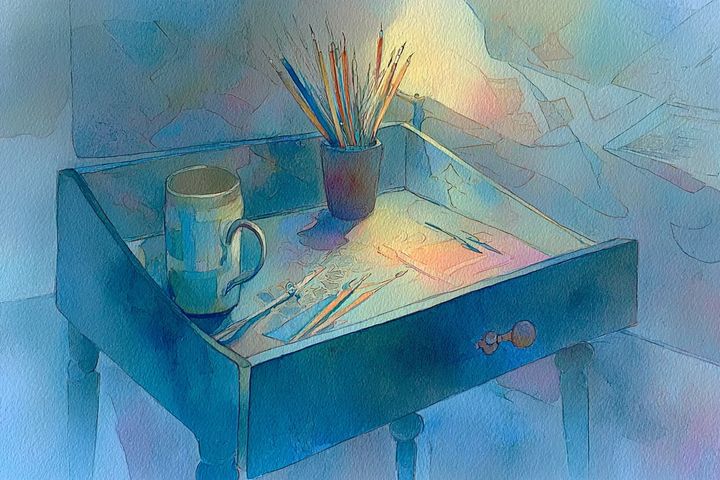 abstract watercolor illustration of a small wooden desk with a coffee cup and watercolor paintbrushes