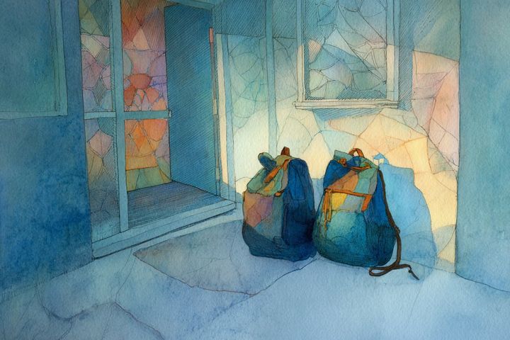 abstract watercolor illustration of two backpacks near the front door