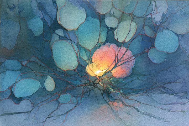 abstract watercolor illustration of a glowing brain surrounded by interconnected wires