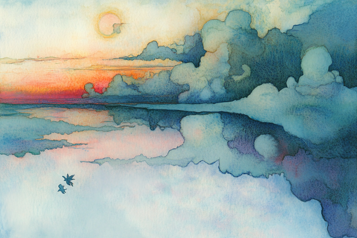  Abstract watercolor illustration of a sunset with clouds and two birds.  