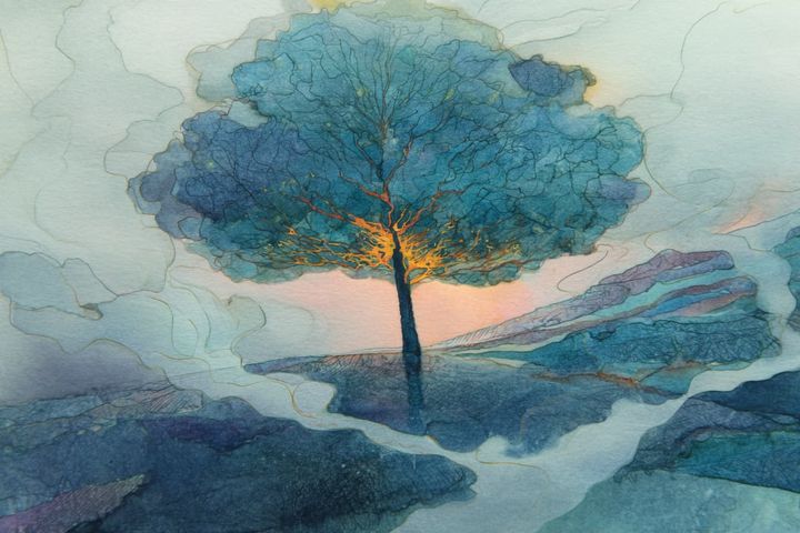 abstract watercolor illustration of a large sprawling tree