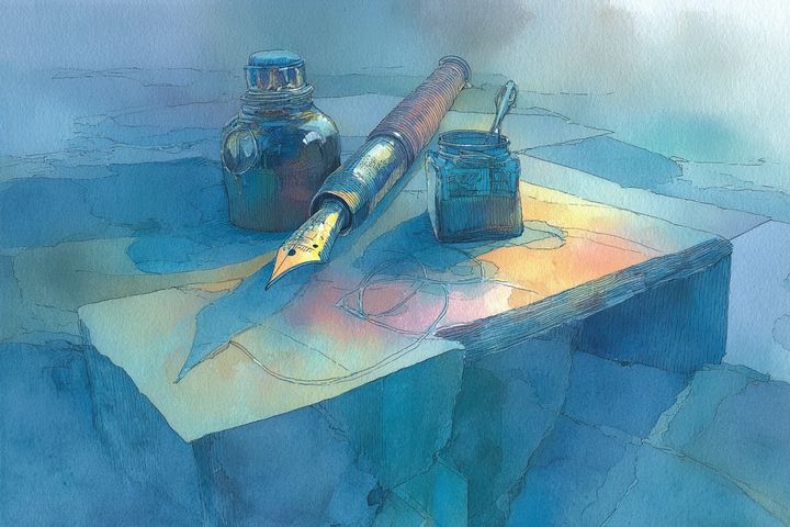 abstract watercolor illustration of a fountain pen and paper
