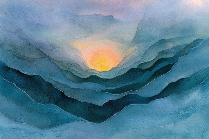 watercolor illustration of a peaceful sunrise over soft hills and calm skies