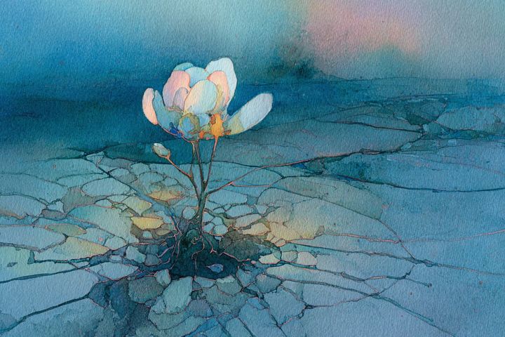 abstract watercolor illustration of a single flower emerging from the cracked earth