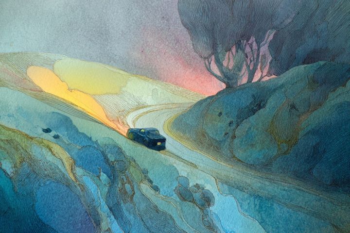 Abstract watercolor illustration of a car driving through the rolling hills of the countryside