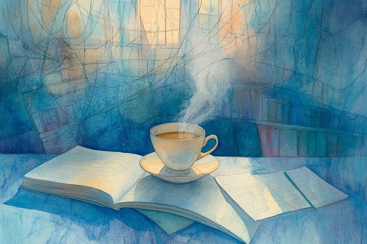 abstract watercolor illustration of a cup of coffee, a book, and a notebook.