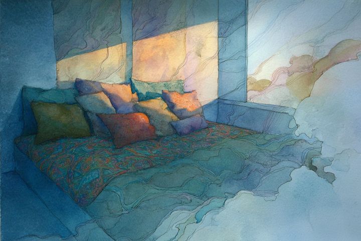 Abstract watercolor illustration of a bed covered in pillows