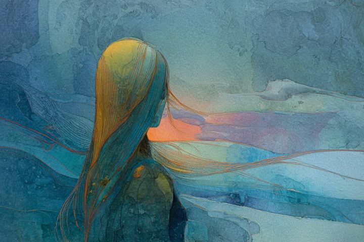 abstract watercolor illustration of a woman with long hair seen from behind