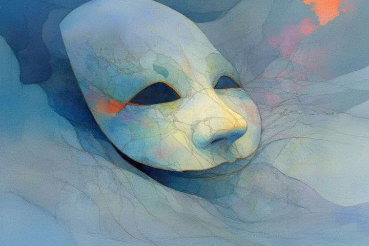 abstract watercolor illustration of a cracked mask for the upper part of a face
