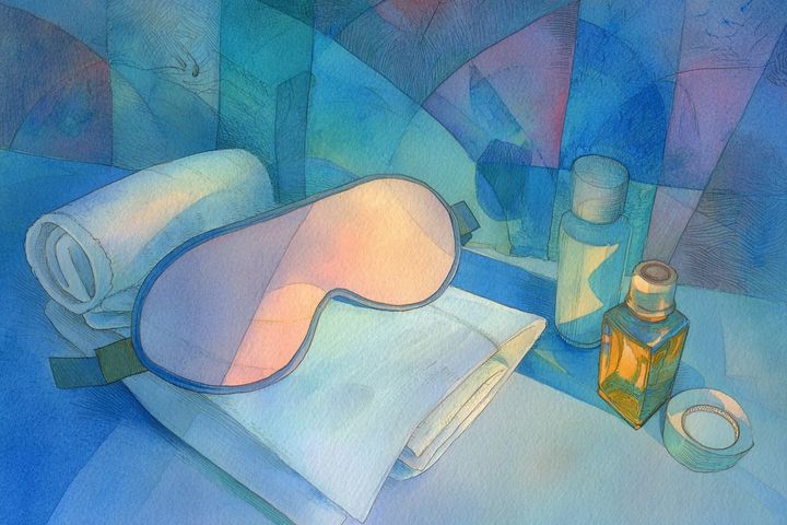 abstract watercolor illustration of an eye mask on top of some towels with oils nearby