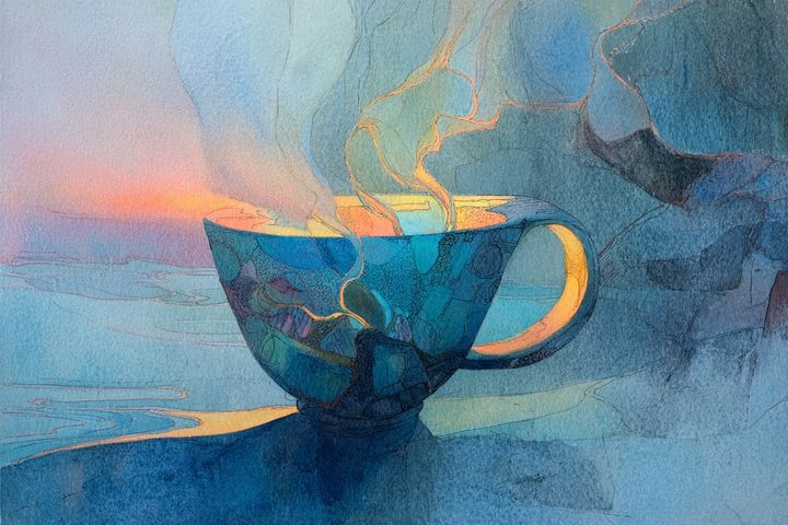 abstract watercolor illustration of a cracked coffee cup with steam coming out of it