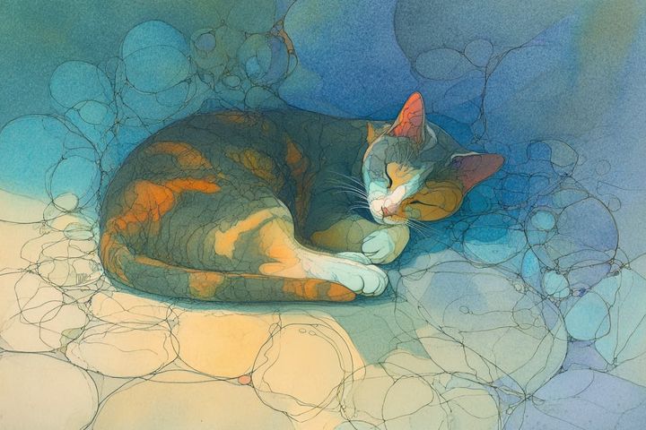 an abstract watercolor illustration of a calico cat curled up and sleeping