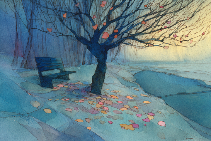 abstract watercolor illustration of a park bench