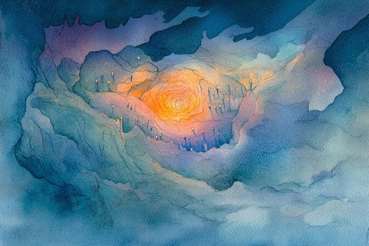 abstract watercolor illustration of candles in clouds surrounding a yellow light