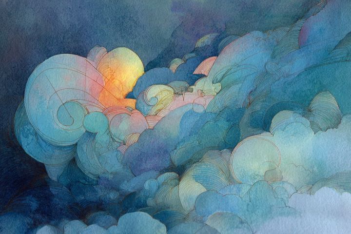 abstract watercolor illustration of clouds and circular shapes