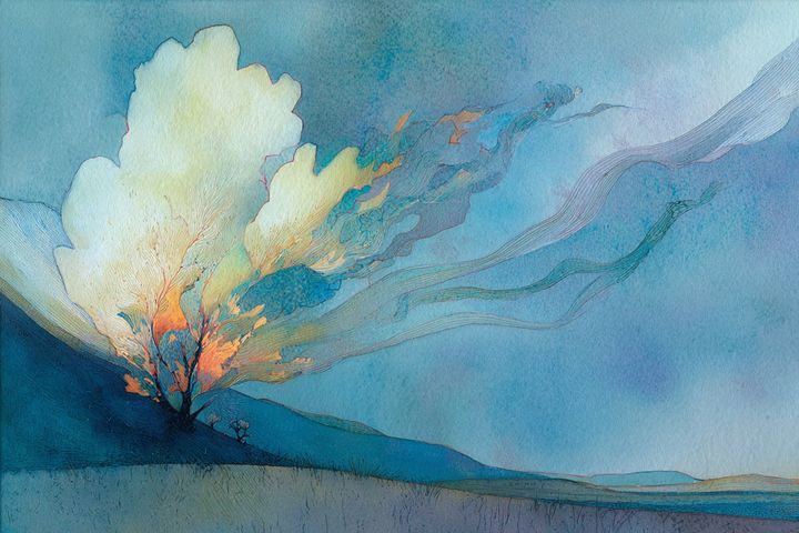 abstract watercolor illustration of a tree in the wind
