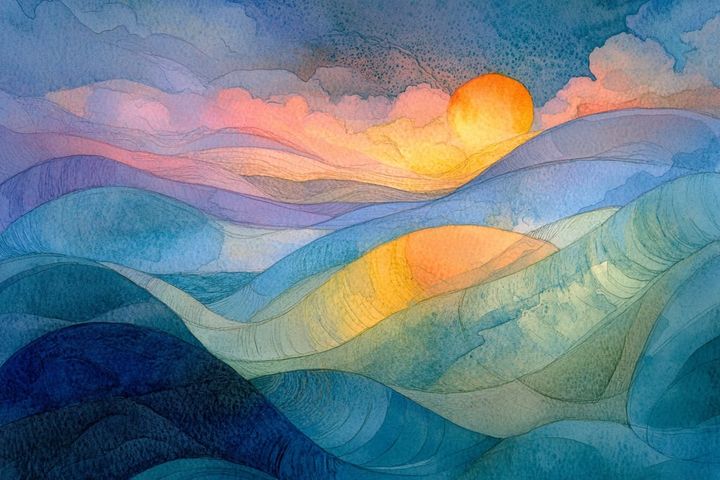 abstract watercolor illustration of a sunrise over hills
