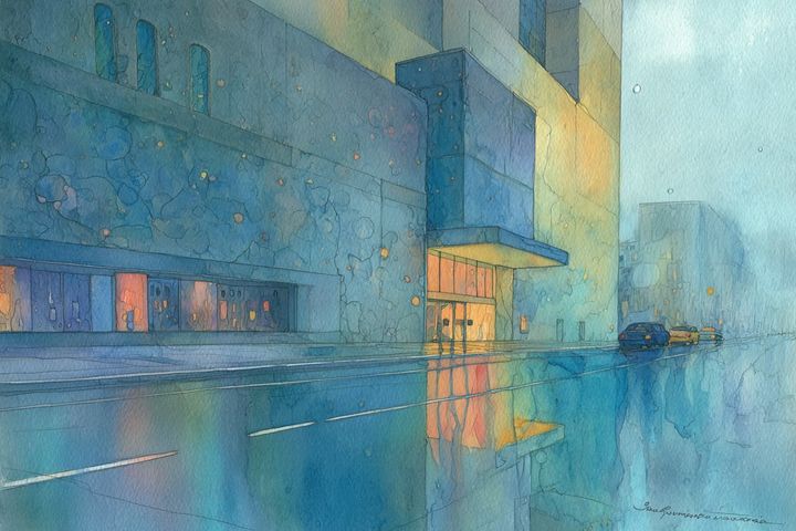 abstract watercolor illustration of the front of a hospital building