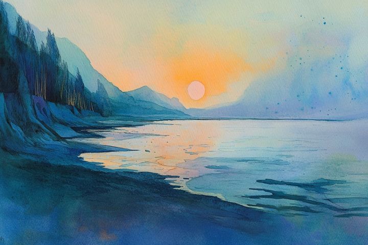abstract watercolor illustration of a sun over a lake