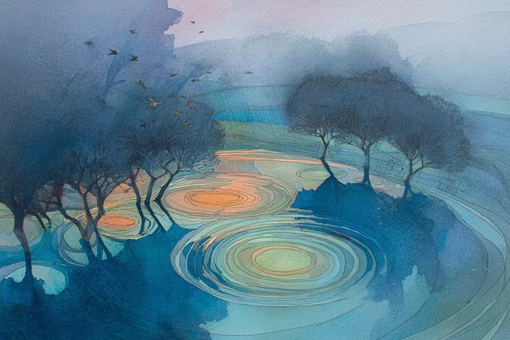 abstract watercolor illustration of a pond in the middle of a forest