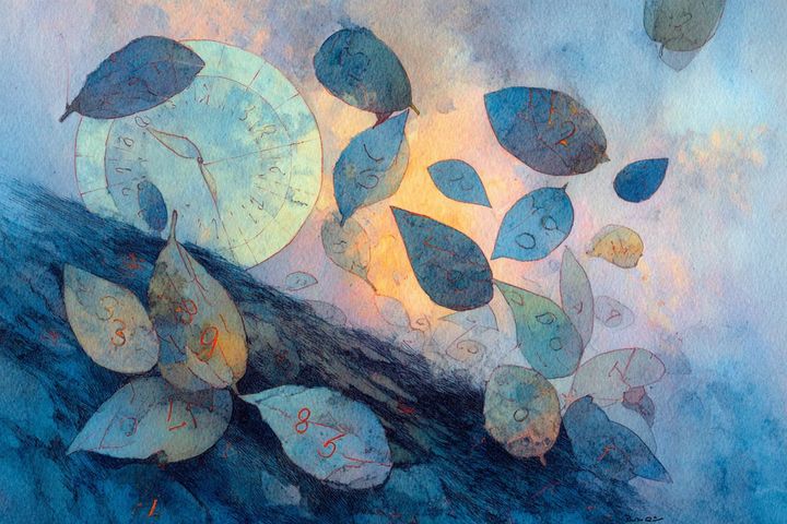abstract watercolor illustration of leaves and a clock