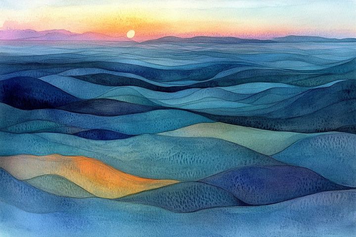 watercolor illustration of hills with a sun in the distance