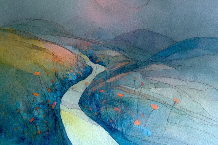abstract watercolor illustration of a path through a field of flowers