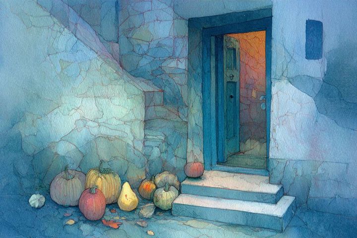 a door with pumpkins