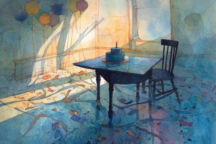 waterdcolor illustration of a cake on a table with confetti on the floor and balloons in the background