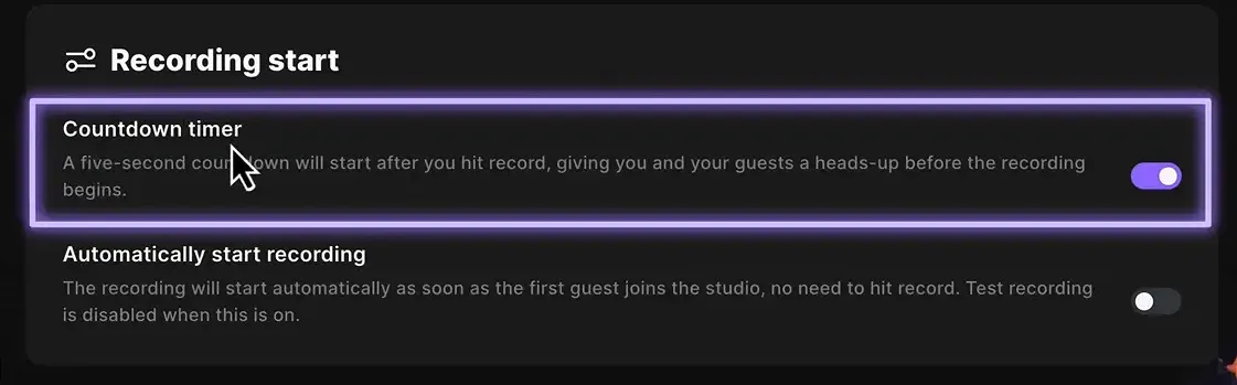 Countdown timer settings for recording