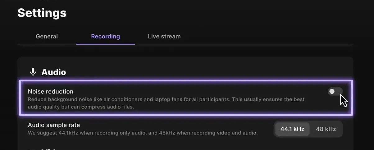 Noise reduction settings in Riverside