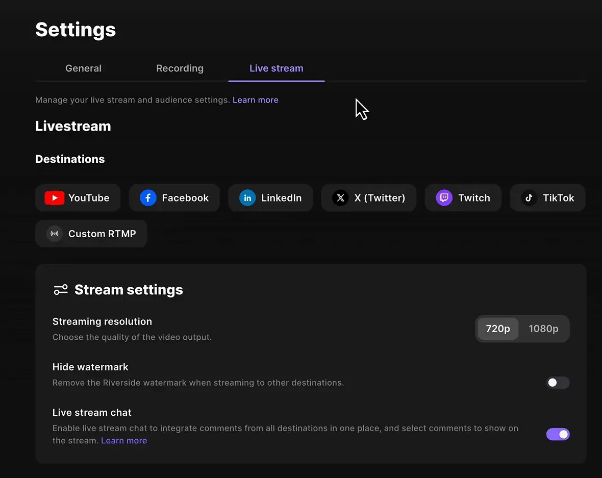 Setting up live streaming in Riverside