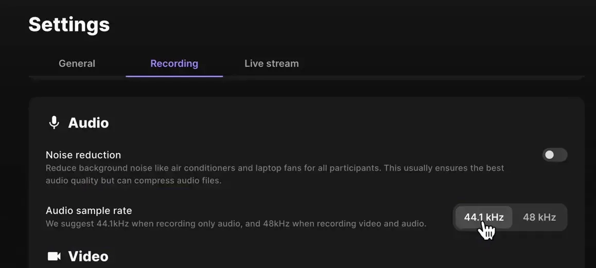 Audio sample rate settings