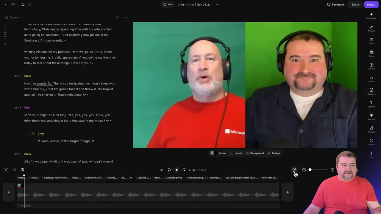 Editor with transcript and multi-track timeline