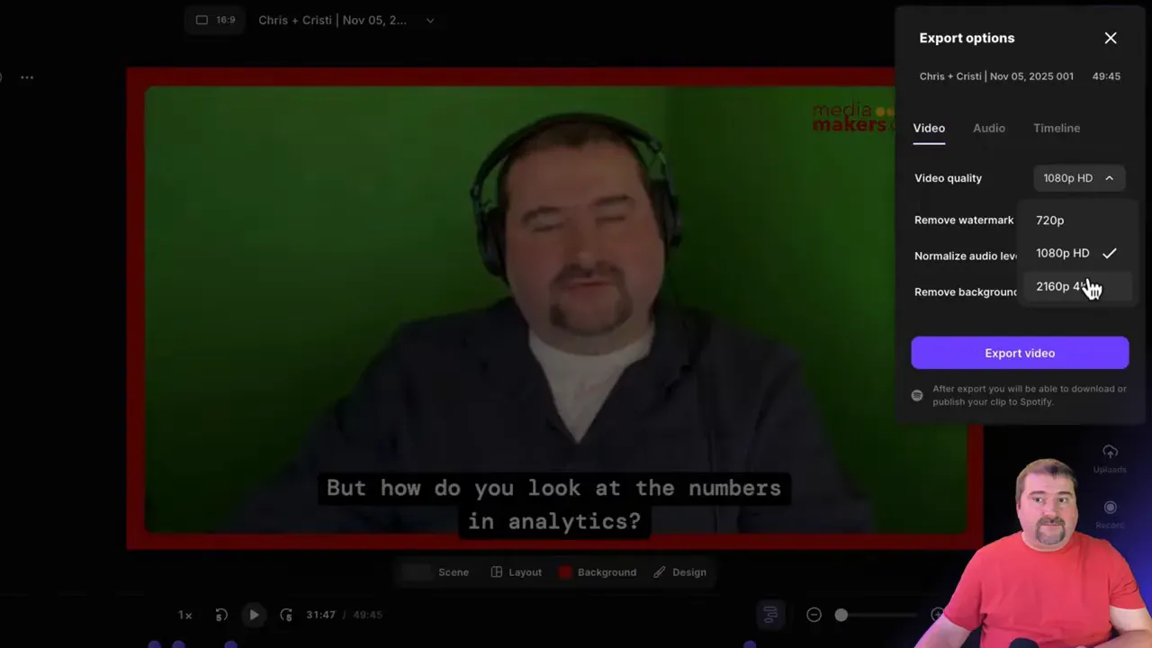 Export options showing video and audio formats
