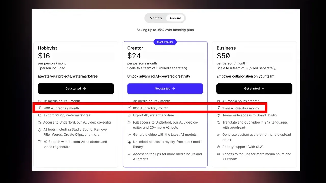 Screenshot of Descript pricing table showing Hobbyist, Creator, and Business plans with AI credits highlighted