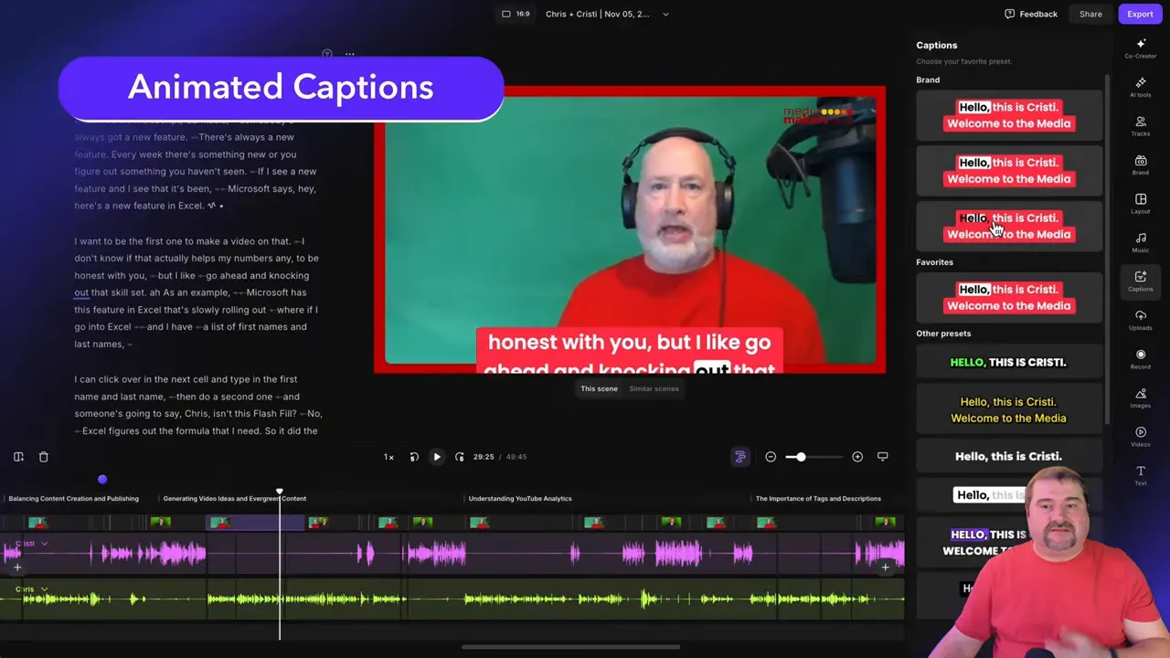 Caption styles preview with animated presets