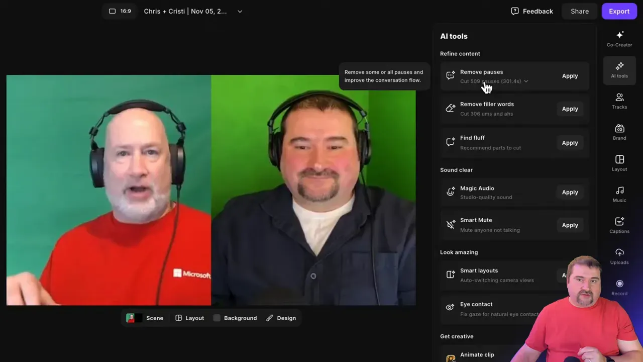AI tools menu showing remove pauses and filler words