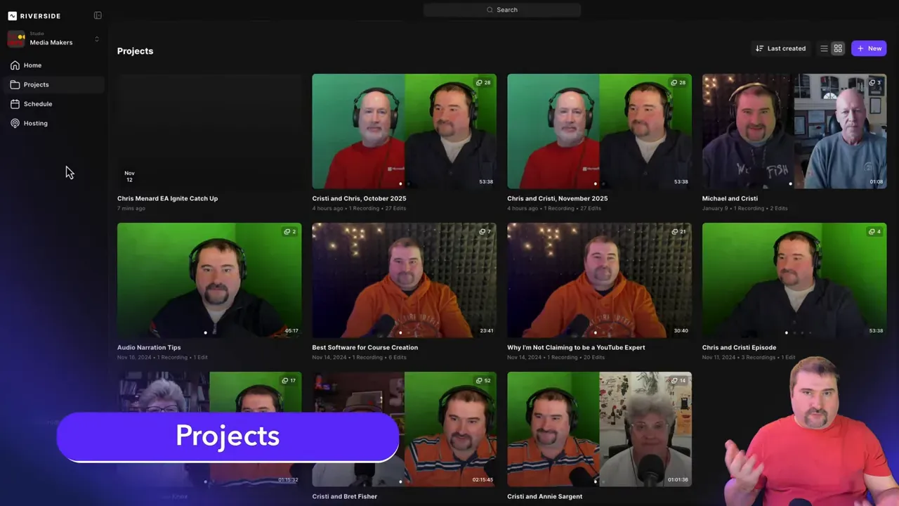 Projects list in Riverside showing recorded sessions