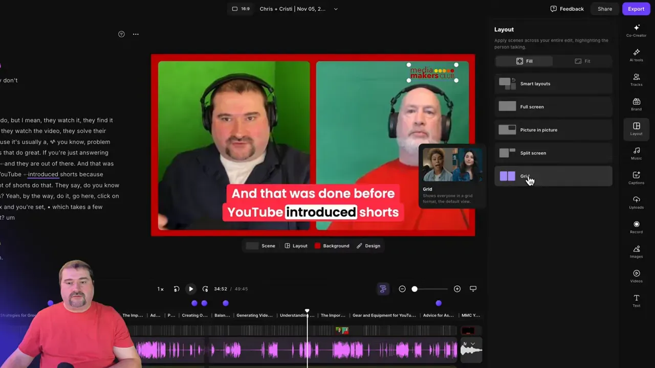 Layout options showing grid, split screen and picture-in-picture