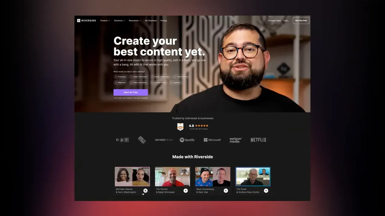 Screenshot of Riverside.fm homepage with headline 'Create your best content yet' and product imagery.
