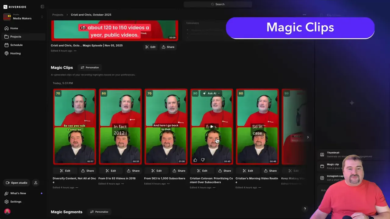 Project assets including transcript, show notes and magic clips