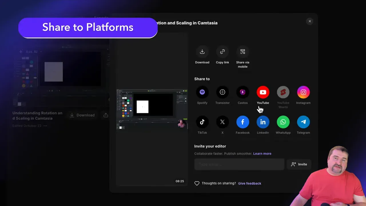 Share and upload options with YouTube selected