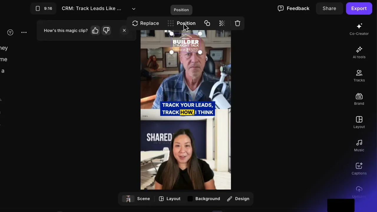 Riverside editor 9:16 preview showing two stacked speakers with a captions block selected and Position controls visible.