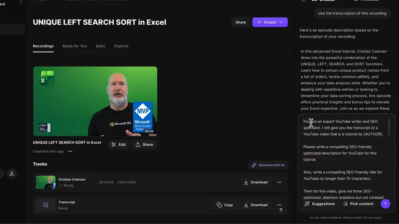 CoCreator panel in Riverside showing a full AI-generated episode description and the prompt input box.