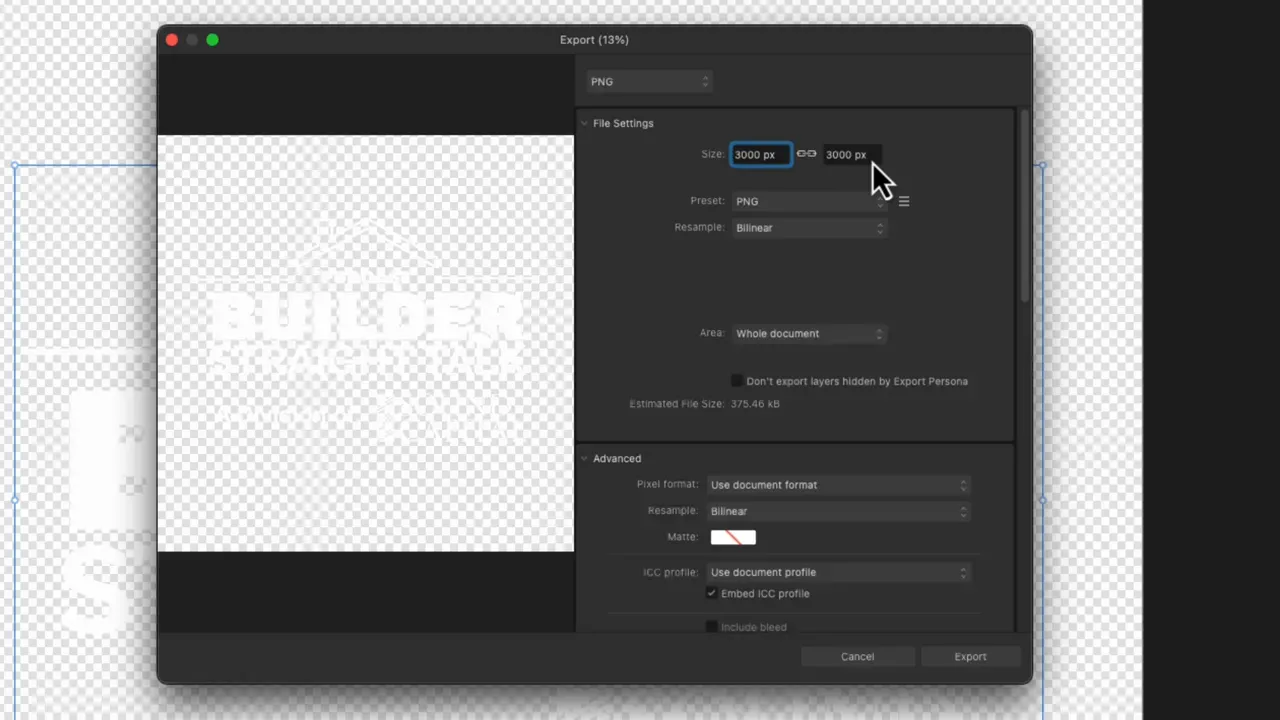 Affinity Designer Export dialog showing PNG preset selected and size fields set to 3000 by 3000 with transparent checkerboard canvas visible