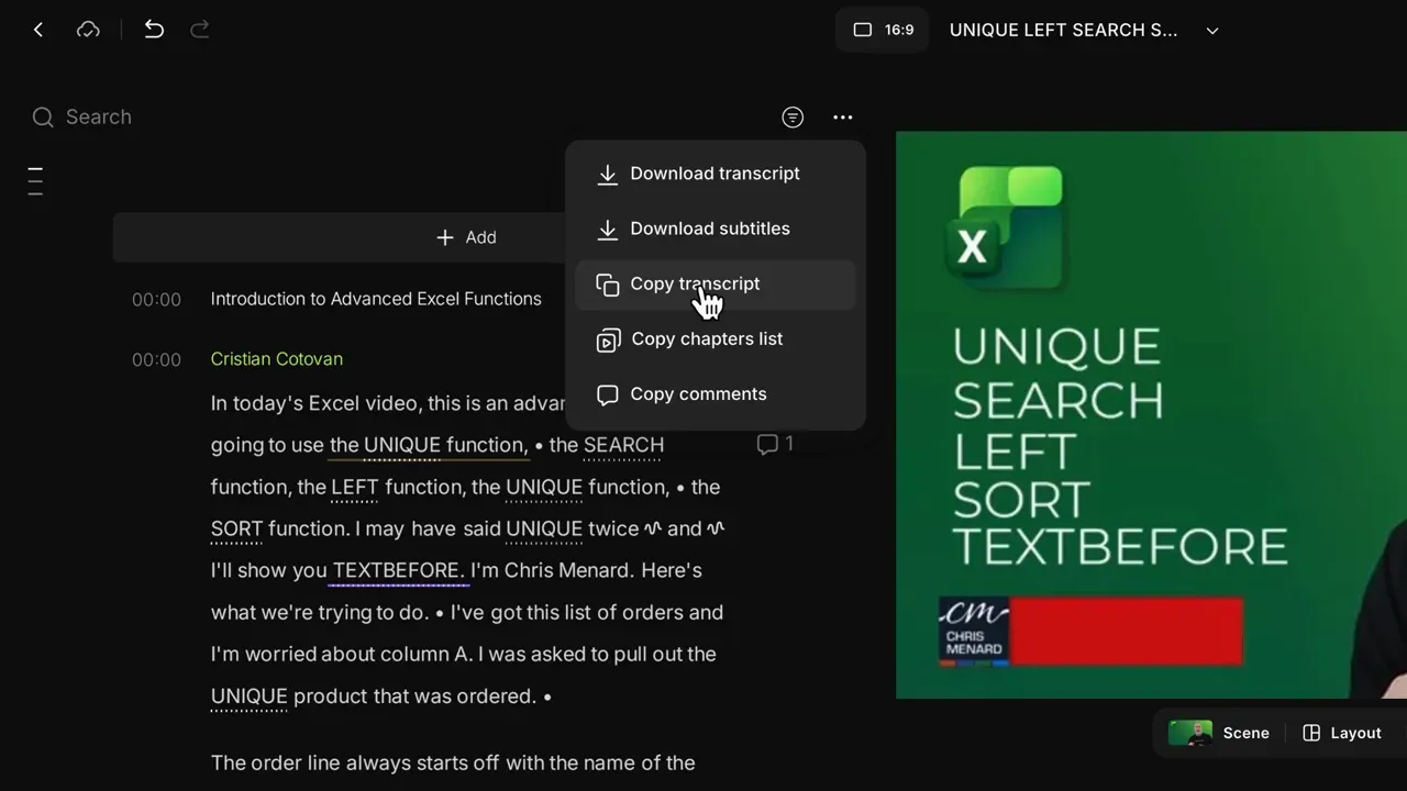 Riverside menu showing the 'Copy transcript' option